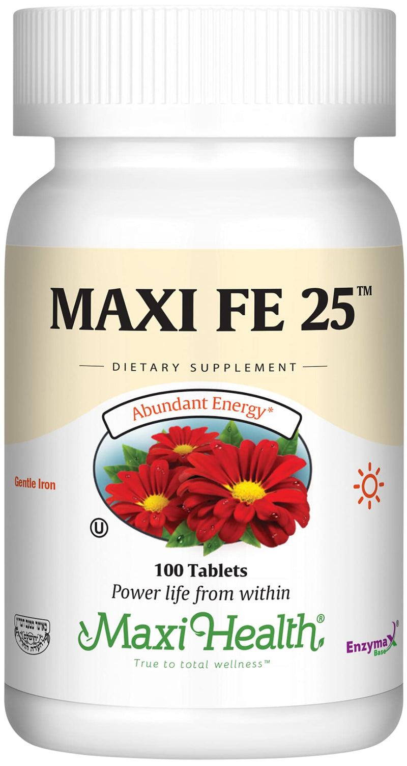 Maxi Health Iron Supplement for Women & Men - Gentle Iron 25 mg for The Stomach - Non Constipating* Pills - Kosher - Non GMO - Vegetarian (100 Tablets) | Kosher | Gentle Non-Constipating Iron | Chelated Iron & Red Blood Cell Support | Vegetarian | Doct...