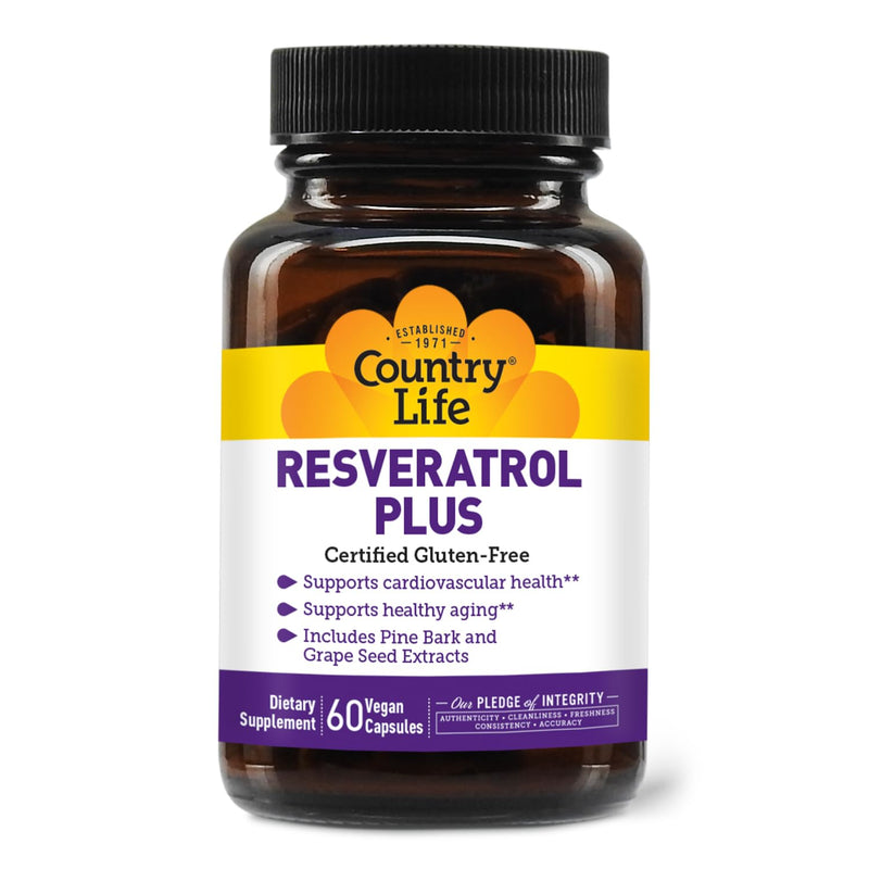 Country Life Resveratrol Plus 1000mg - Organic Antioxidant Supplement with Pine Bark & Grape Seed Extracts - Vegan, Gluten-Free, Non-GMO 60 Count (Pack of 1)