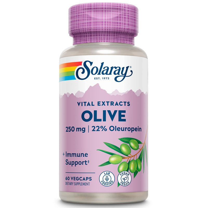 SOLARAY Olive 250mg - Olive Leaf Extract Capsules with 22% Oleuropein, Plus Lemon Balm - Polyphenols Supplement for Wellness Support - Vegan, 60-Day Guarantee, Lab Verified - 120 Servings, 60 VegCaps 60 Count (Pack of 1)
