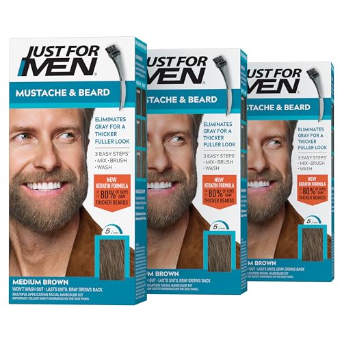 JUST FOR MEN Mustache & Beard Dye, Keratin, Medium Brown M-35 (3 Pack) 1 Count (Pack of 3)