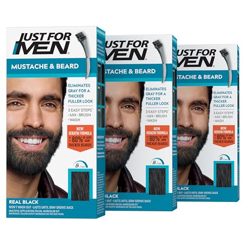 JUST FOR MEN Mustache & Beard Dye, Keratin, Black M-55 (3 Pack) 1 Count (Pack of 3) Real Black M-55