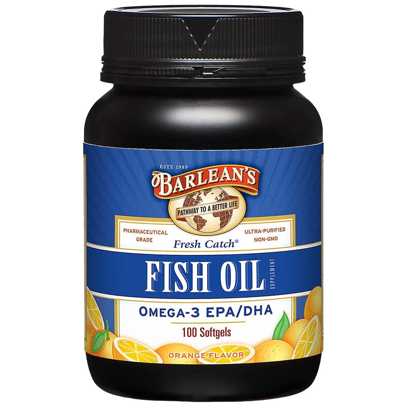 Barlean's Orange Omega-3 Fish Oil Softgels, 600mg EPA & DHA, 100ct | Wild-caught fish oil, EPA DHA omega-3, Burpless softgels, Non-GMO, Gluten-free, For men & women, Heart & brain support 100 Count (Pack of 1)
