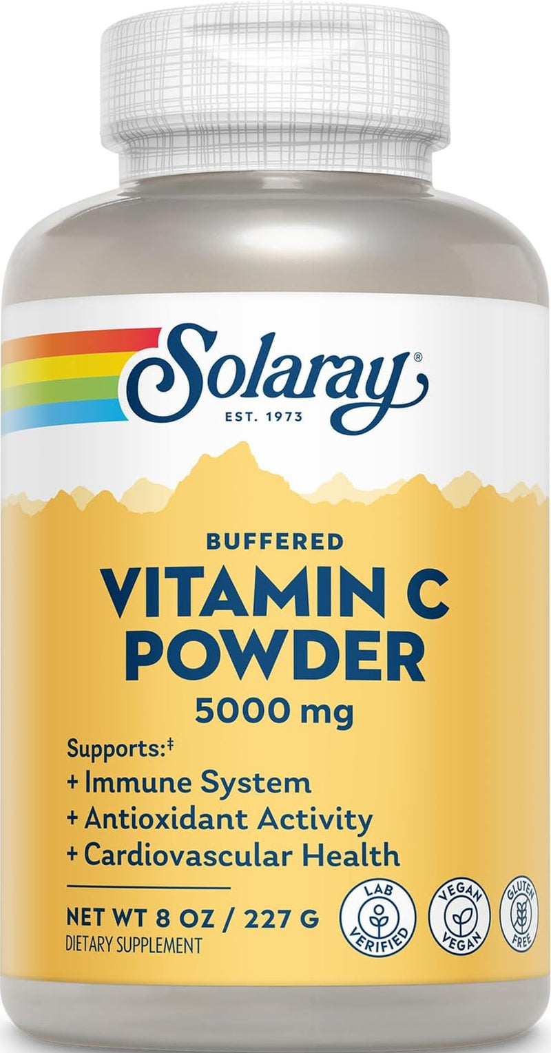 SOLARAY Vitamin C Powder 5000mg - Buffered Vitamin C with 570mg Calcium - Antioxidant and Immune Support Supplement, Heart Health Support - Vegan, Gluten Free, 60-Day Guarantee, 37 Servings, 8oz White