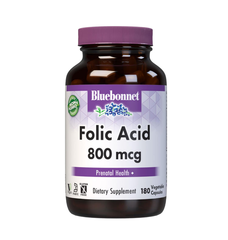 Bluebonnet Nutrition Folic Acid 800mcg, Healthy Neurological Development, Soy, Dairy & Gluten Free, Non-GMO, Kosher Certified, Vegan, Vegetable Capsules, 180 Count | Prenatal & Postnatal Health; Non-GMO, Vegan, Kosher Certified, Gluten-Free, Soy-Free, ...
