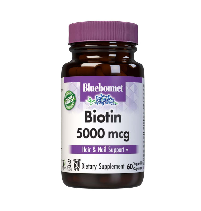 Bluebonnet Nutrition Biotin 5000 mcg, Hair & Nail Support*, Non-GMO, Vegan, Kosher Certified, Gluten-Free, Soy-Free, Dairy-Free, 60 Vegetable Capsules, 60 Servings | Third-party tested for purity and potency; manufactured in the USA Unflavored