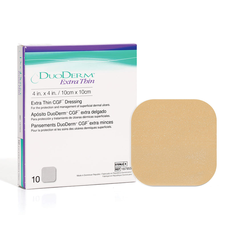Convatec DuoDERM Extra Thin Control Gel Formula 4"x4" Hydrocolloid Sterile Adhesive Dressing for Superficial Wounds, Low Friction, Latex-Free, Waterproof, Square, Beige, 10ct Box Original Version 10 Count (Pack of 1)