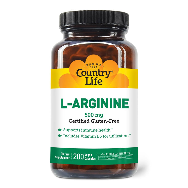 Country Life L-Arginine 500 mg with Vitamin B6, 200 Vegan Capsules | Supports immune health with free-form L-arginine; Certified Gluten-Free, Vegan and Kosher 200 Count (Pack of 1)