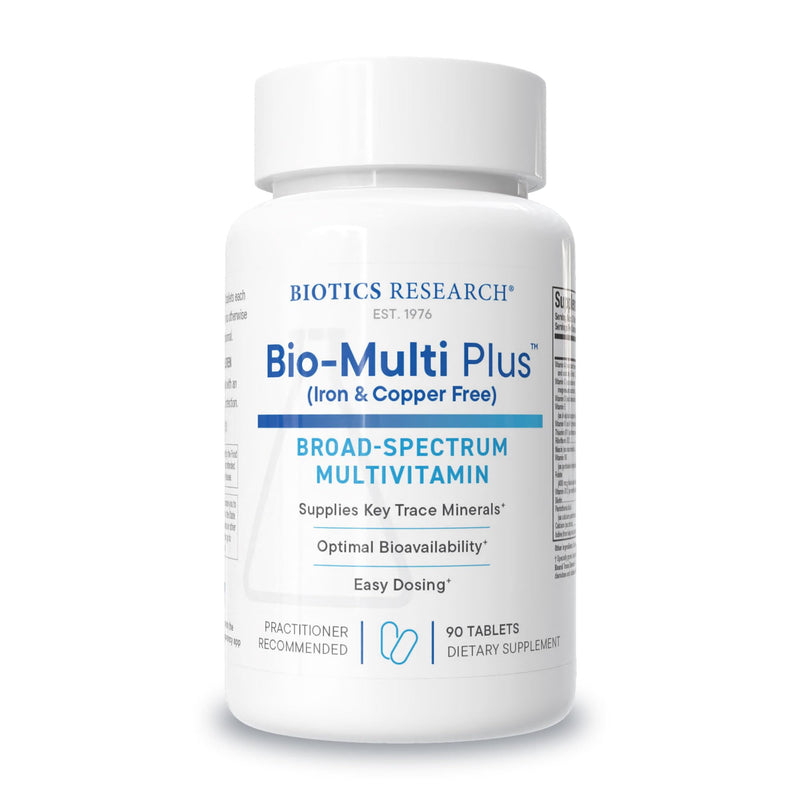 BIOTICS RESEARCH Bio-Multi Plus Iron & Copper Free Multivitamin, Chelated Minerals, Emulsified Fat Soluble Vitamins, Iron & Copper Free, High antioxidants, SOD, Catalase, 90 Tabs 90 Count (Pack of 1)