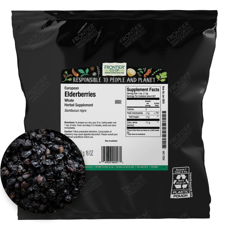 Frontier Co-op Dried Elderberries, 1lb Bulk Bag, European Whole | Kosher and Non-GMO Elderberry Dried Fruit for Powder, Tea, Immune Support 1 Pound (Pack of 1)