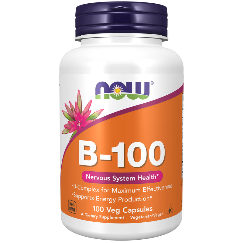 NOW Foods Supplements, Vitamin B-100, Energy Production*, Nervous System Health*, 100 Veg Capsules 100 Count (Pack of 1)