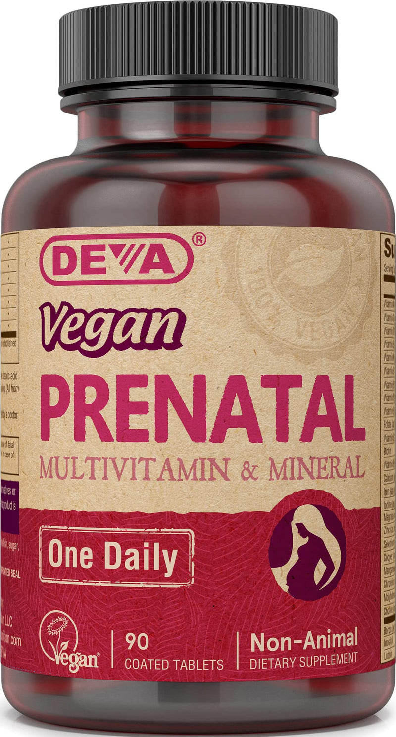 DEVA Vegan Prenatal Multivitamin and Mineral Supplement - Once-Per-Day Formula - Vitamins A, C, D, E, K, B Complex, with Folate & Chelated Iron - 90 Coated Tablets, 1-Pack 90 Count (Pack of 1)
