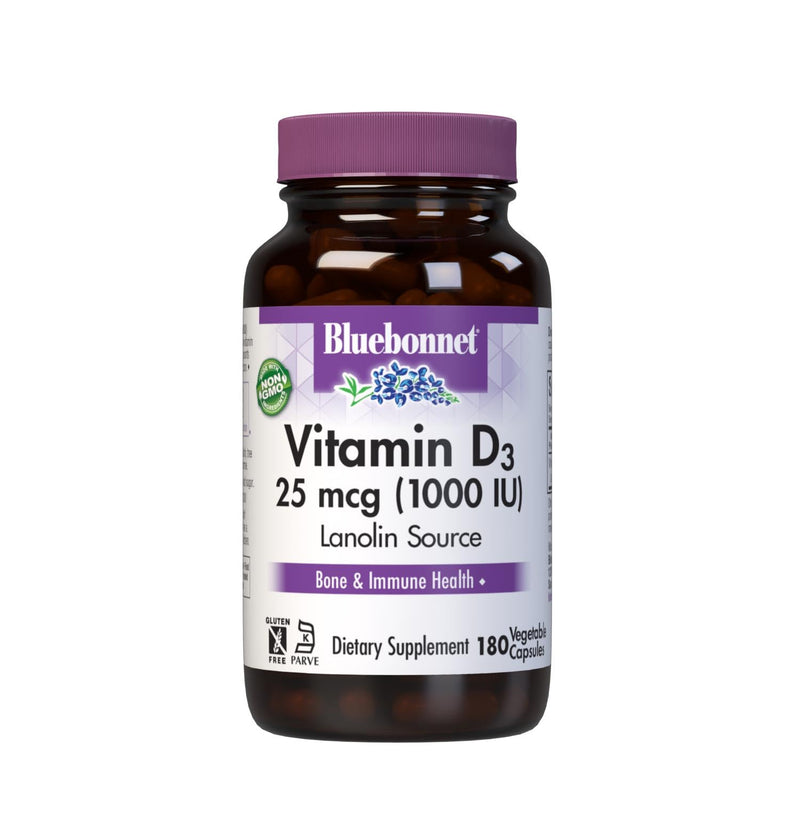 Bluebonnet Vitamin D3 1000 IU 25 mcg - Strong Bones & Immune Support Supplement for Women & Men* Soy-Free, Gluten-Free, Non-GMO, Vegetarian - Highly Absorbable Vitamin D - 180 Veggie Capsules | Non-GMO, Vegetarian, Gluten-Free, Soy-Free Unflavored
