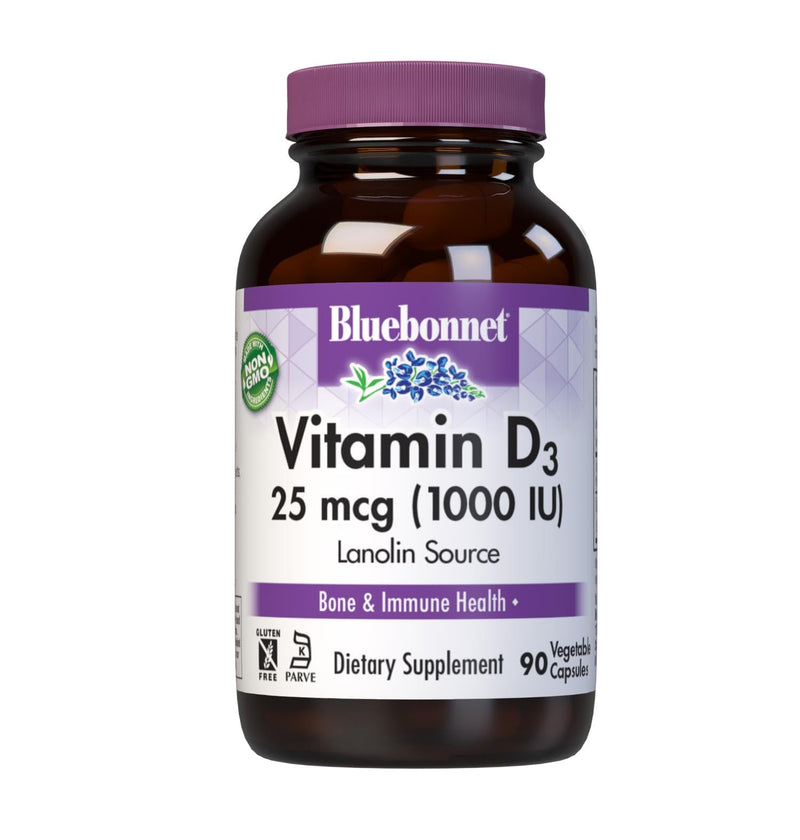 Bluebonnet Nutrition Vitamin D3 1000 IU, Aid in Muscle and Skeletal Growth, Cholecalciferol from Lanolin, Non GMO, Gluten Free, Soy Free, Milk Free, Kosher, 90 Vegetable Capsule, White | Kosher