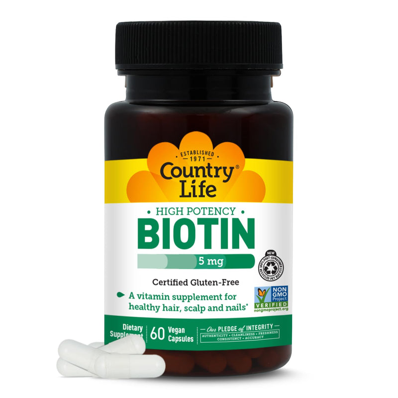 Country Life Biotin 5 mg for Hair, Scalp and Nails, 60 Vegan Capsules | Supports keratin formation for healthy hair, skin & nails; gluten-free and Non-GMO Project Verified Unflavored 60 Count (Pack of 1)