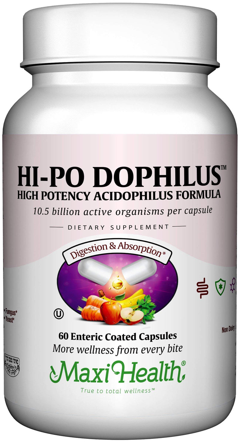 Maxi Health Hi-Po Dophilus Probiotics for Digestive Health & Immune Support – Probiotics for Women and Men with 10.5 Billion CFU – Kosher, Vegan, Non-Dairy, 60 Capsules 60 Count (Pack of 1)
