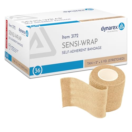 Dynarex Sensi-Wrap Self-Adhesive Bandages, 36-Pack, 2" x 5 Yards, Tan, Latex, Colored Elastic Cohesive Athletic Tape, Tattoo Grip & Vet Wrap