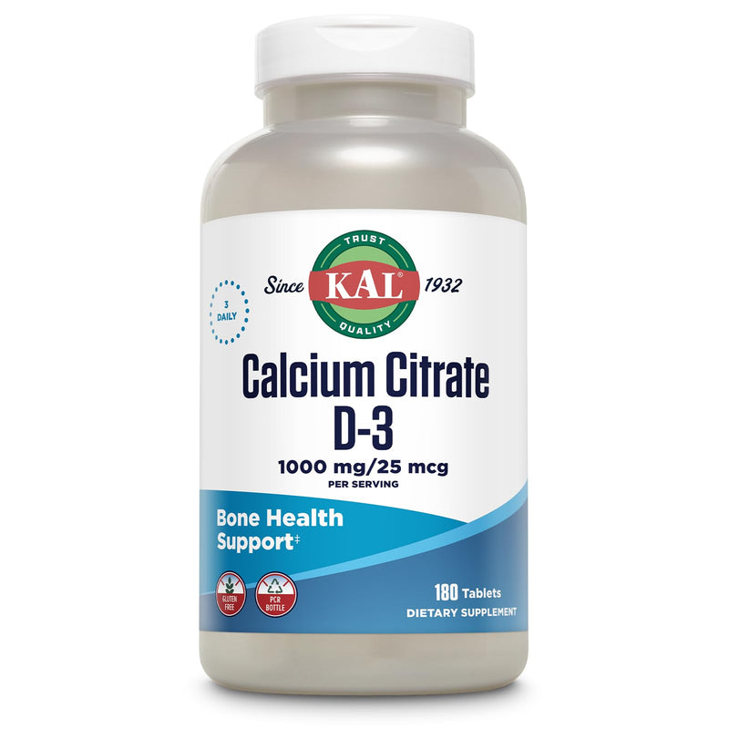 KAL Calcium Citrate Supplement with Vitamin D3 - 1000 IU Vitamin D3, Healthy Bone & Muscle Function Support for Men and Women, Quick Dissolving Tablets - 180 Count Tablets | 1000 IU Vitamin D3, Healthy Bone & Muscle Function Support for Men and Women, ...