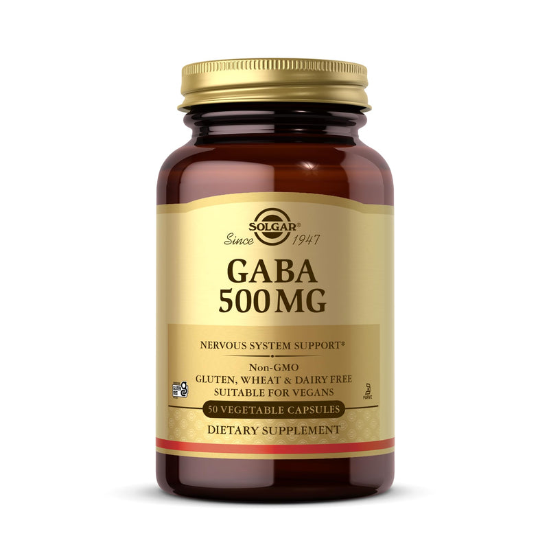 Solgar GABA 500 mg, 50 Vegetable Capsules - Relaxation & Nervous System Support - Amino Acid - Non-GMO, Vegan, Gluten Free, Dairy Free, Kosher - 50 Servings | Neurotransmitter that promotes relaxation and mental calm · Helps to fall asleep