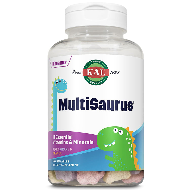 KAL MultiSaurus Kids Chewable Multivitamins, 11 Essential Vitamins and Minerals for Kids, Berry, Grape, Orange Chewables, Gluten and Fructose Free, 90 Servings, 90 Dinosaur-Shaped Chewables | Mixed Berry Dinosaur Chewables, Daily Multivitamin for Child...