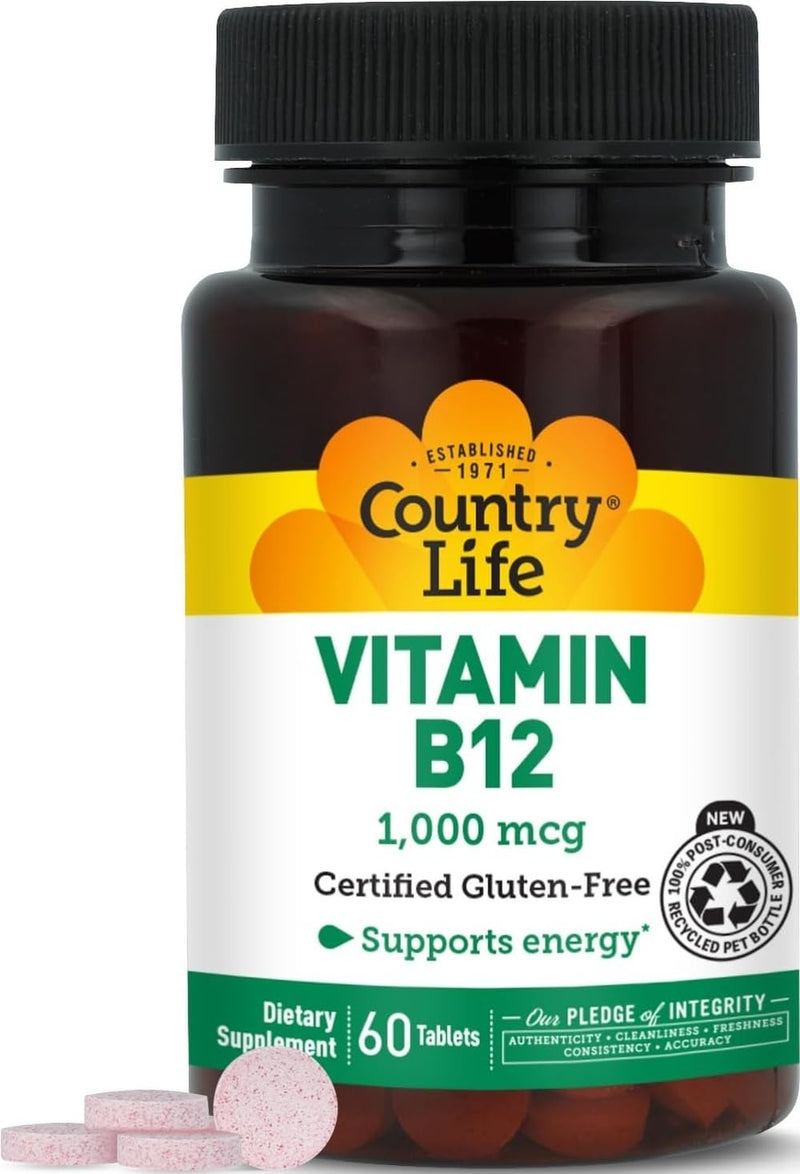 Country Life Vitamin B12 1,000 mcg, Vegan Energy Support, 60 Tablets | One daily tablet supports normal nervous system function and red blood cell formation 60 Count (Pack of 1)