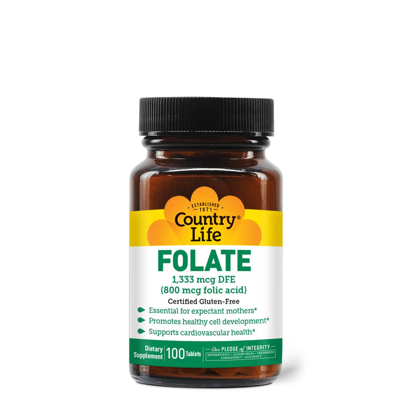Country Life Folate 800 mcg Folic Acid, 100 Tablets | Supports healthy cell development and cardiovascular health; certified gluten-free, vegan, kosher and halal