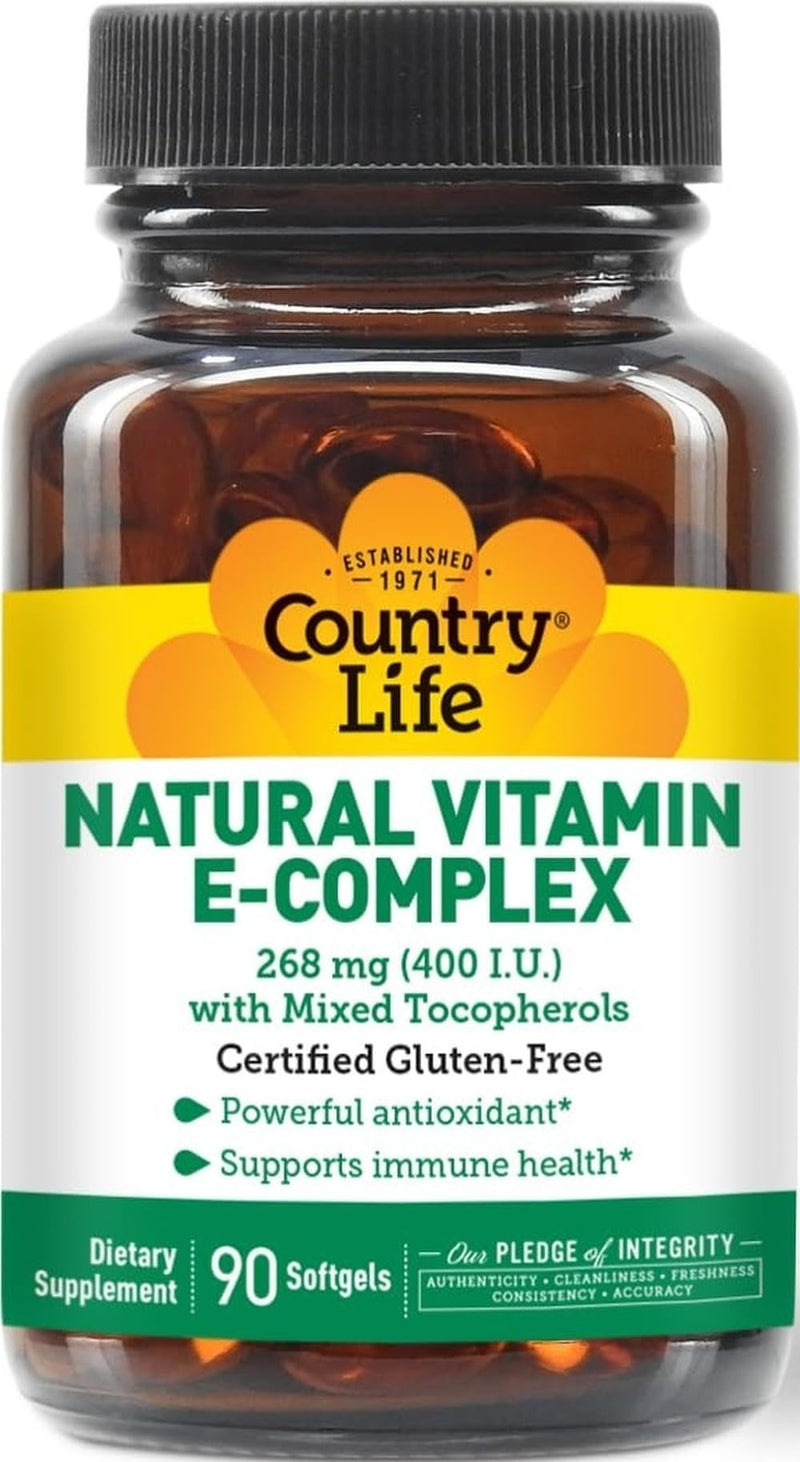 Country Life Vitamin E Complex 400 IU with Mixed Tocopherols, 90 Softgels | Natural d-alpha vitamin E with mixed tocopherols provides antioxidant and immune support in a gluten-free once-daily softgel