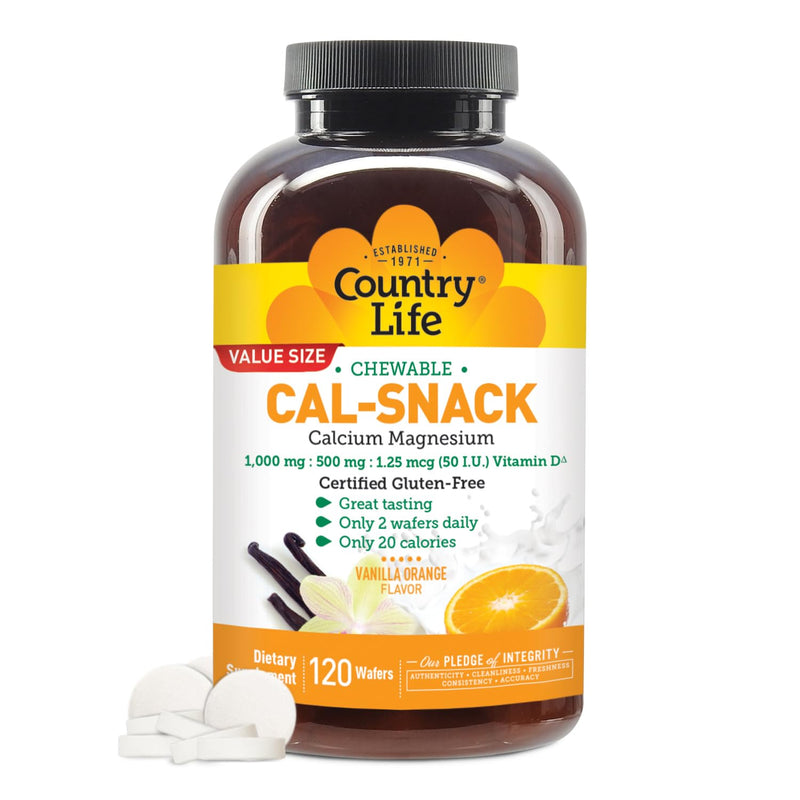 Country Life Cal-Snack Calcium Magnesium Wafers, Vanilla Orange, 120 Count | Chewable wafers provide 1,000 mg calcium, 500 mg magnesium and vitamin D per 2-wafer serving 120 Count (Pack of 1)