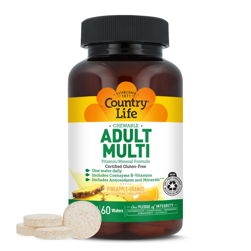 Country Life Adult Chewable Multivitamin, Pineapple Orange, 60 Wafers | 60 servings with coenzyme B vitamins, antioxidants and minerals in one daily wafer; certified gluten free and vegetarian