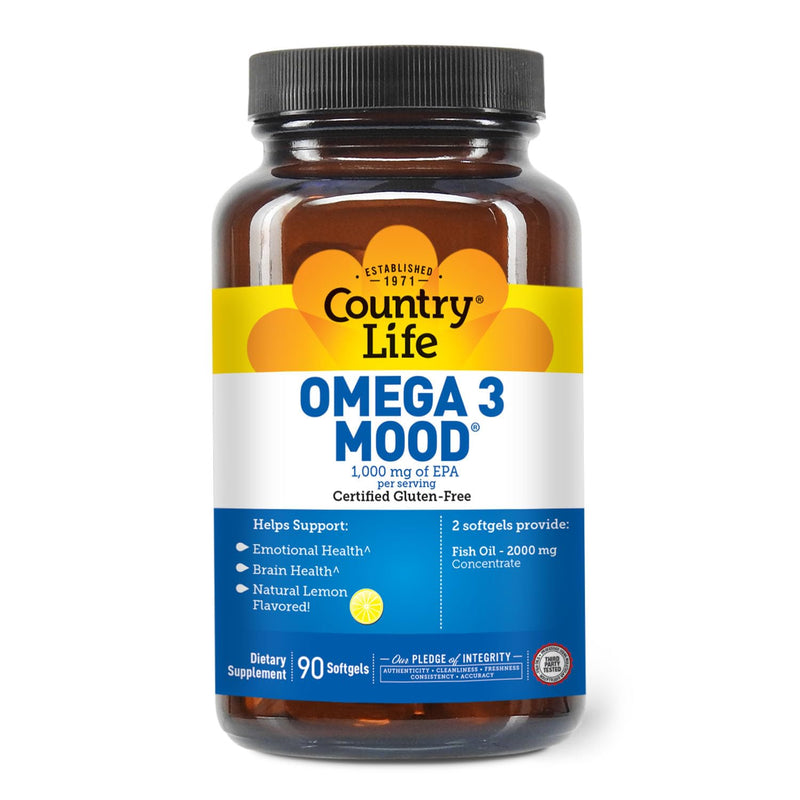 Country Life Omega 3 Mood Fish Oil, 2000mg, 90 Softgels | EPA & DHA for Brain, Heart & Mood Support, Lemon Flavor, No Fishy Aftertaste, Gluten Free, Non-GMO