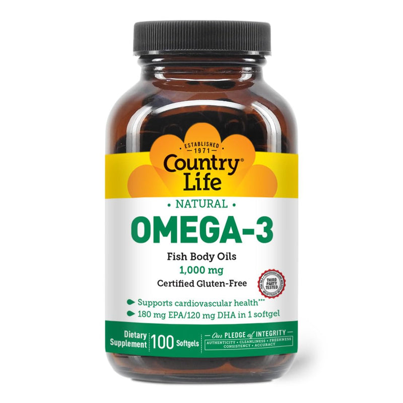 Country Life Omega-3 Fish Oil 1000 mg, EPA DHA, 100 Softgels | Burpless formula provides 180 mg EPA and 120 mg DHA per softgel for cardiovascular support Unflavored 100 Count (Pack of 1)