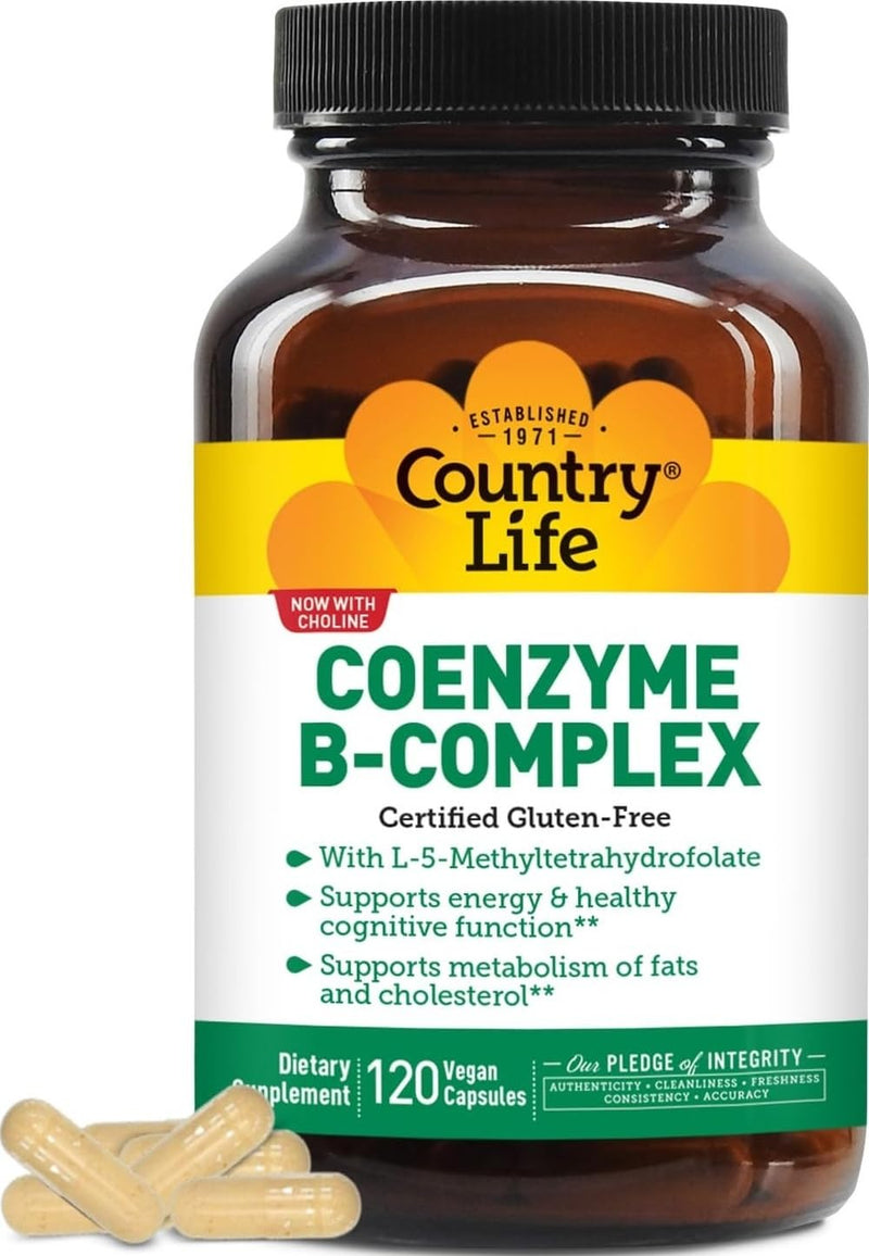 Country Life Coenzyme B-Complex, 120 Capsules | Supports energy production, mood and cognitive function with bioavailable B vitamins and choline Unflavored 120 Count (Pack of 1)