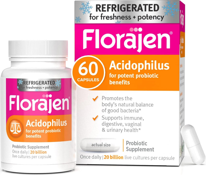 Florajen Acidophilus Probiotic, Extra-High Potency, 60 Capsules | Gut, Vaginal, & Immune Health, Bloating & Constipation Support for Adults, Refrigerated for Freshness, Live Active Cultures 60 Count (Pack of 1)