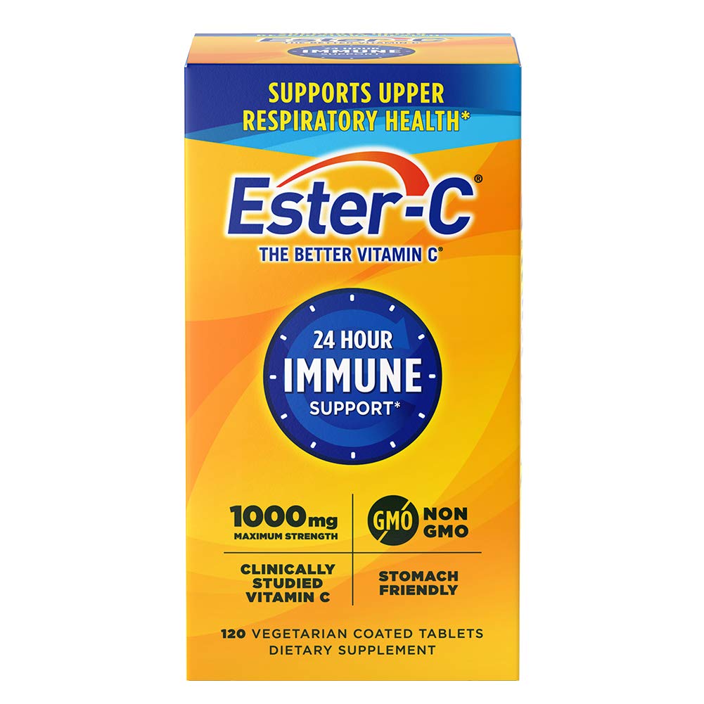 Ester-C Vitamin C 1000 mg Coated Tablets, 120 Count, Immune System Booster, Stomach-Friendly Supplement, Gluten-Free 120 Count (Pack of 1)