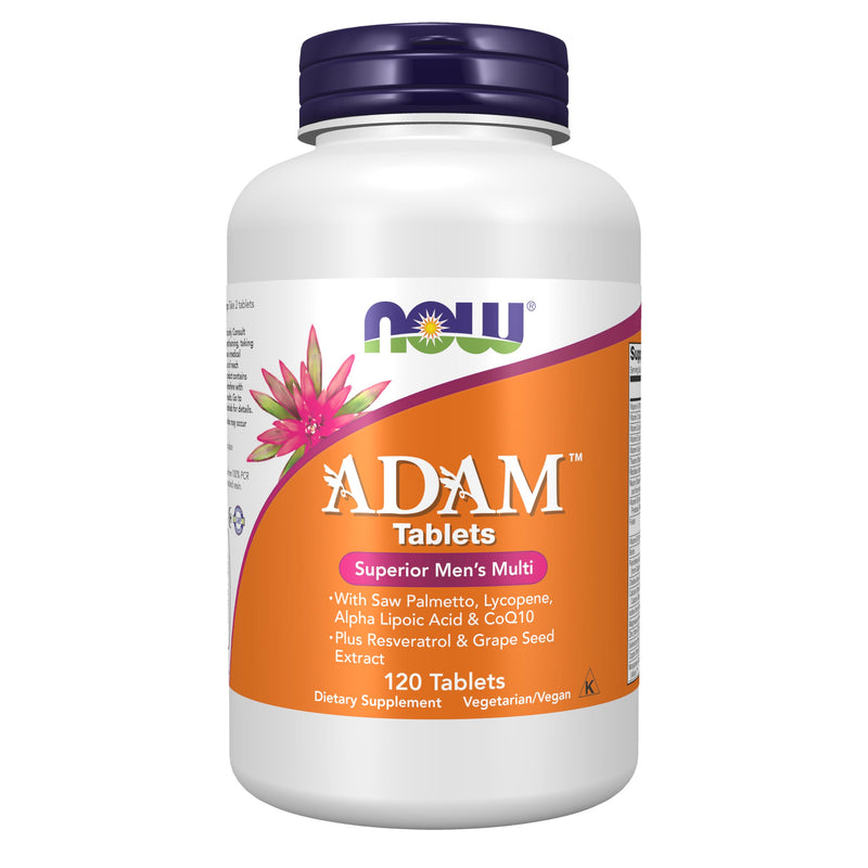 NOW Foods Supplements, ADAM™ Men's Multivitamin with Saw Palmetto, Lycopene, Alpha Lipoic Acid and CoQ10, Plus Natural Resveratrol & Grape Seed Extract, 120 Tablets 120 Count (Pack of 1)