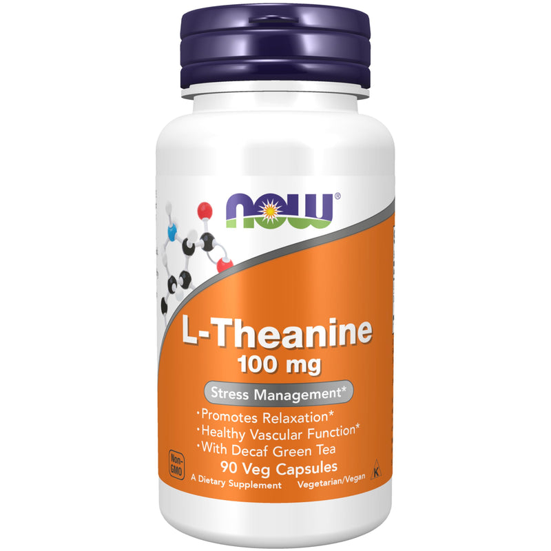 NOW Foods Supplements, L-Theanine 100 mg with Decaf Green Tea, Stress Management*, 90 Veg Capsules 90 Count (Pack of 1)