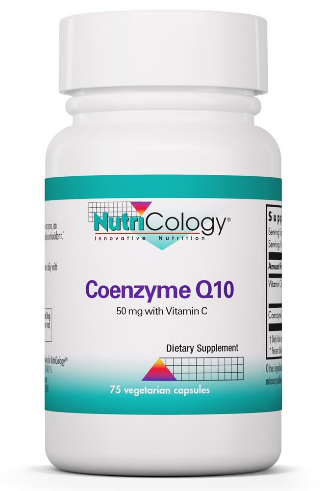 NutriCology Coenzyme Q10 50 mg Heart Health, 75 Vegetarian Capsules | Delivers 50 mg CoQ10 with Vitamin C for Cellular Energy Production, Antioxidant Activity and Heart Wellness