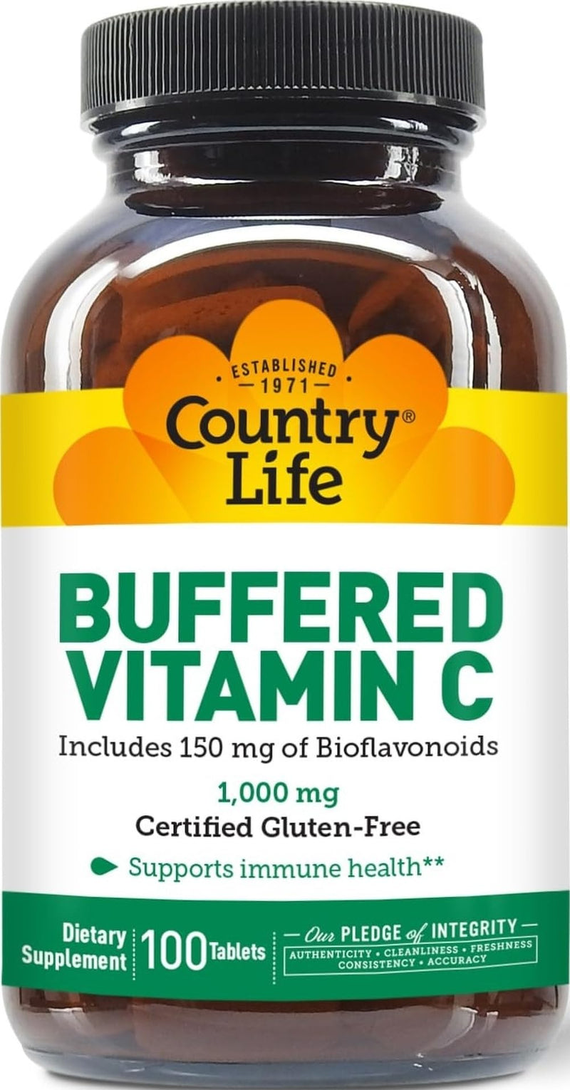 Country Life Buffered Vitamin C 1,000 mg with Bioflavonoids, 100 Tablets | Powerful antioxidant supports immune health; Certified Gluten-Free, Vegan and Kosher Parve 100 Count (Pack of 1)