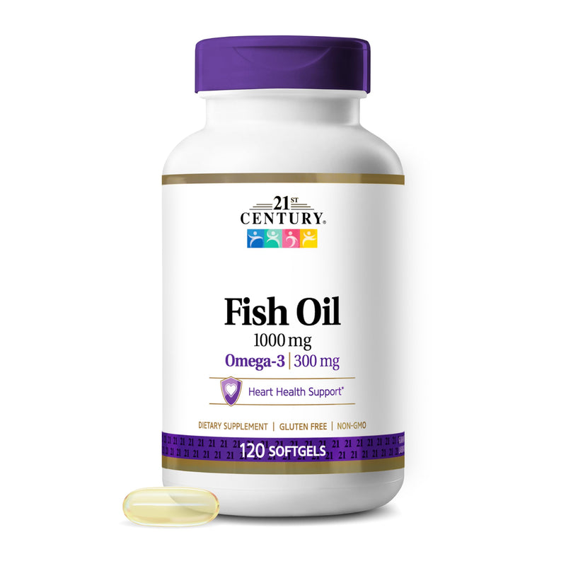21st Century Fish Oil 1000mg Omega-3 Softgels, Mercury-Filtered, 120ct | Omega-3 Fish Oil with 300 mg EPA & DHA, Heart & Cardiovascular Health Support, Gluten Free, Non-GMO 120 Count (Pack of 1)