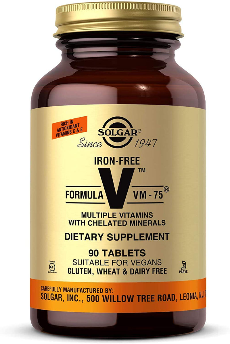 Solgar Iron-Free Formula VM-75, 90 Tablets - Vitamins A, B6, B12, C, D, E | Multivitamin with Chelated Minerals, Biotin, Magnesium, Calcium, Zinc - Vegan, Gluten & Dairy-Free, Kosher - 90 Servings Unflavored 90 Count (Pack of 1)
