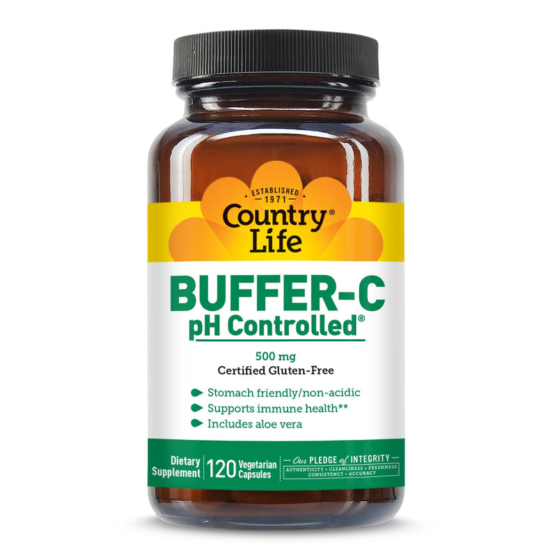 Country Life Buffer-C Vitamin C 500 mg, 120 Vegetarian Capsules | pH-controlled, stomach-friendly formula with quercetin for daily immune support