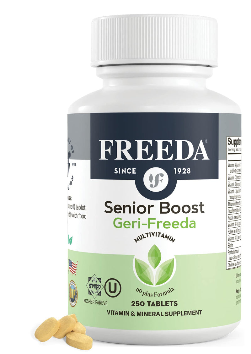 FREEDA Senior Multivitamin Tablets for Adults 60+ - 250 Count | Kosher Senior Multivitamin with Essential Vitamins and Minerals - Featuring One Daily Coated Tablet for Easy Use 250 Count (Pack of 1)