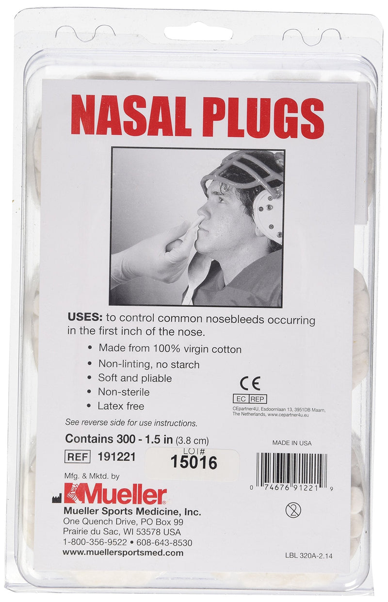 MUELLER Sports Medicine Nasal Plugs, Nose Bleed Stopper for Men and Women, First Aid Kit Medical Supplies, 100% Virgin Cotton, 300 Pieces 300 Count (Pack of 1) White - BeesActive Australia