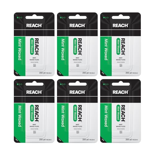 REACH Waxed Dental Floss, Mint, Plaque Remover for Teeth, Shred Resistant, Floss Slides Smoothly, Easy to Use, Waxed, Deep Cleaning Teeth, Oral Care, PFAS Free, for Adults & Kids, 6 Pack, 200 yd 600 Foot (Pack of 6)