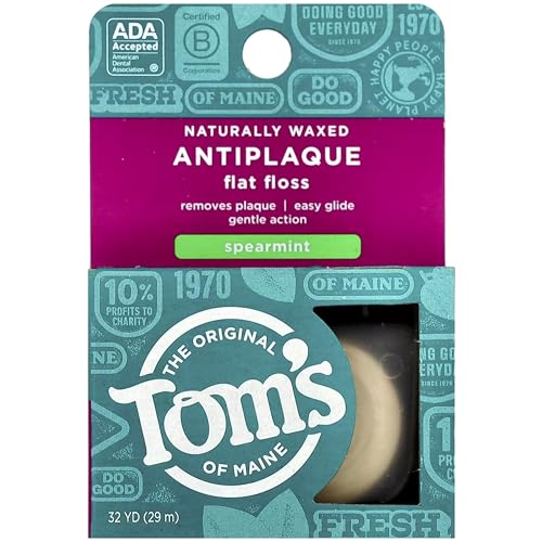 Tom's of Maine Naturally Waxed Antiplaque Flat Dental Floss, Spearmint, 32 Yards 6-Pack (Packaging May Vary)