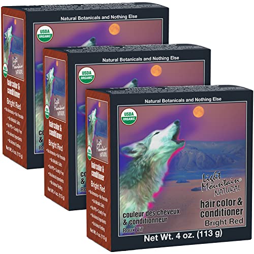 Light Mountain Henna Hair Color & Conditioner - Bright Red Hair Dye for Men/Women, Organic Henna Leaf Powder and Botanicals, Chemical-Free, Semi-Permanent Hair Color, 4 Oz (Pack of 3) 4 Ounce (Pack of 3)