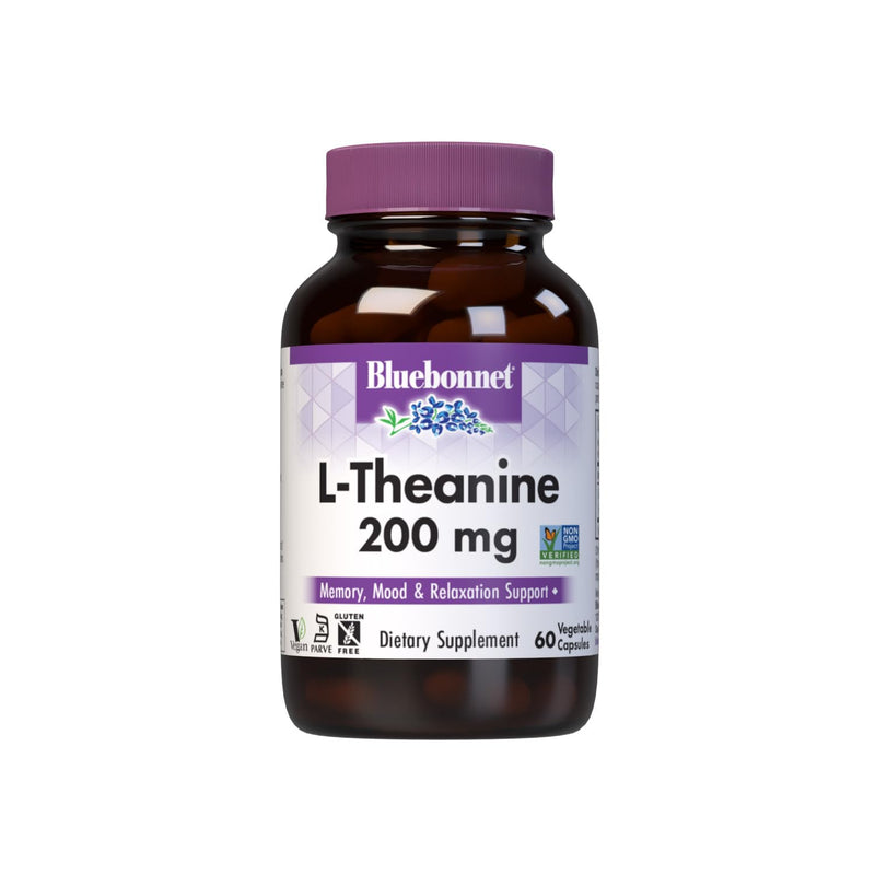 Bluebonnet Nutrition L-Theanine 200mg, Free-Form Amino Acid, Promotes Relaxation*, Soy-Free, Gluten-Free, Non-GMO, Kosher Certified, Vegan, 60 Vegetable Capsules, 60 Servings | Non-GMO, Vegan, Gluten-Free 60 Count (Pack of 1)