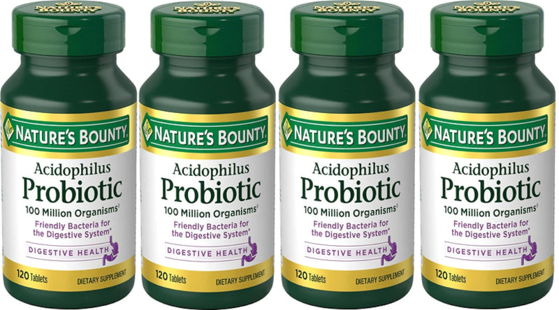 Nature's Bounty Probiotics Dietary Supplement, Supports Digestive and Intestinal Health, Probiotic Acidophilus, 120 Tablets, Pack of 4 Unflavoured 120 Count (Pack of 4)