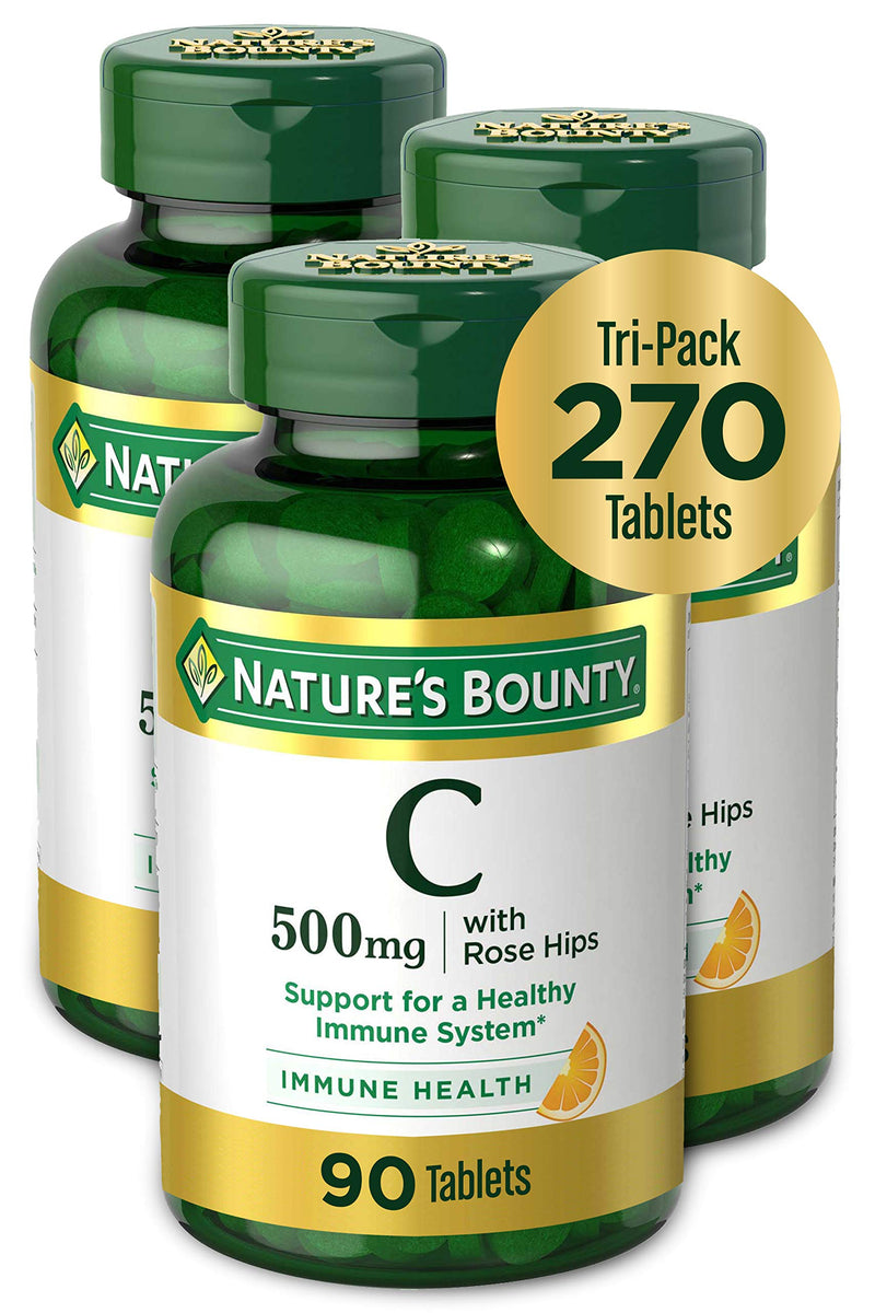 Nature's Bounty Vitamin C Supplement with Rose HIPS, Supports Immune Health, 500 mg Tablets, 500 mg, 90 Count, Pack of 3 90 Count (Pack of 3)