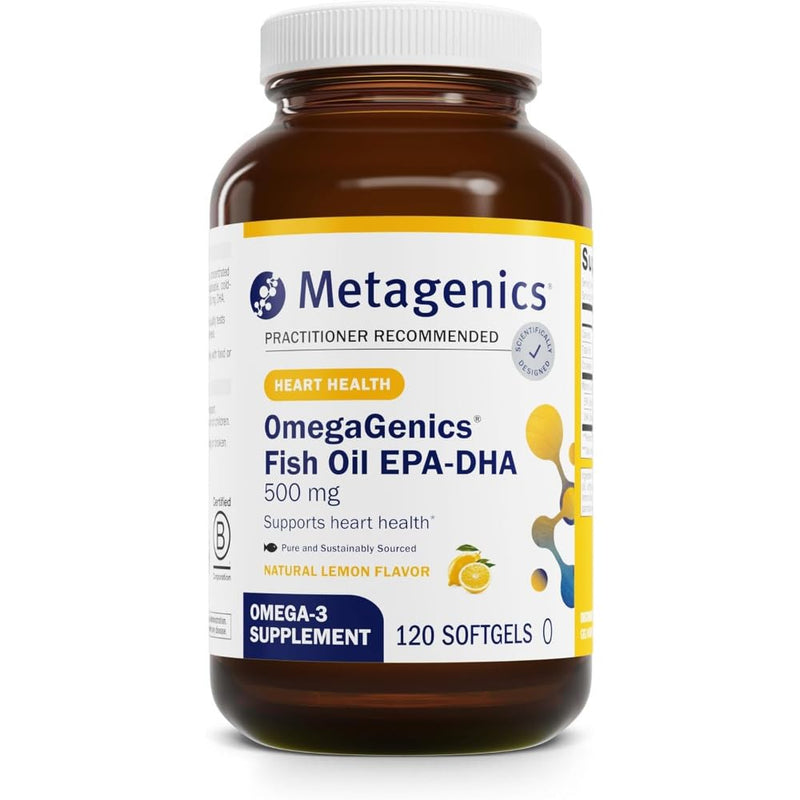 Metagenics OmegaGenics EPA-DHA 500 Fish Oil, 120 Softgels | High Potency, Supports Cardiovascular Health, Fish Oil EPA DHA, Purity and Quality Tested, Non-GMO and Gluten-Free Lemon 120 Count (Pack of 1)