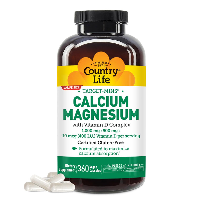 Country Life Target-Mins Calcium Magnesium with Vitamin D, 360 Capsules | Supports calcium absorption and strong bones with 1,000 mg calcium, 500 mg magnesium and 400 IU vitamin D Unflavored 360 Count (Pack of 1)